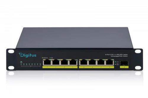 Digitus Przełącznik sieciowy niezarządzalny PoE+ 10" 8x RJ45 2.5G, 1x SFP+ 10G, 60Gbps, budżet 80W, 802.3af/at, metalowy, bez wentylatora, Plug&Play