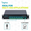 Digitus Przełącznik sieciowy niezarządzalny PoE+ 10" 8x RJ45 2.5G, 1x SFP+ 10G, 60Gbps, budżet 80W, 802.3af/at, metalowy, bez wentylatora, Plug&Play